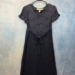 Another Thyme Vintage Navy Blue Crinkle Maxi Dress Floral Embroidered Size 8 USA