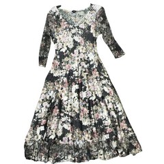 Komarov Dress Womens Large Black Floral Pleated Chiffon 3/4 Sleeve Lace Midi
