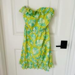 LILLY PULITZER Yellow Green On The Half Shell Ruffled Strapless Mini Dress Sz XL