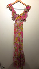 Show Me Your Mumu Pink/Yellow Floral Ruffle Cut-Out V-Neck Midi Dress Size S