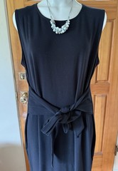 Eileen Fisher L (XL) Black MINIMALIST pull on TIE MIDI DRESS stretch jersey 45&Prime;