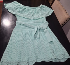Venus Auqa Green Pointelle Knit Off-The-Shoulder Ruffle Shimmer Mini Dress -Sz L