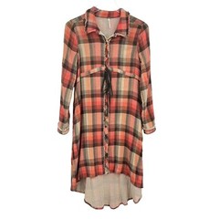 Free People Size XS Plaid Button Front Dress Tie Waist Roll Cuff Raw Hem Hi Low