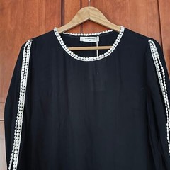 Commense Midi Dress Lightweight Open Sleeve Lace Trim Black Size XS NEW