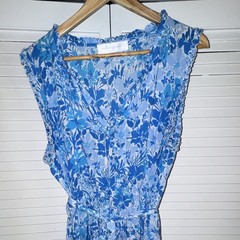 walker&wade Womens Dress L Blue White Floral V-Neck Button Pockets Midi
