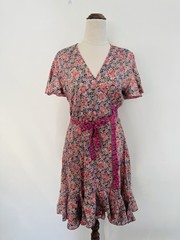 Cienna Silk Blend Wrap Dress Size S Pink Floral Short Flutter Sleeve Ruffle