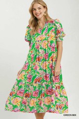 Umgee Floral Print Puff Sleeve Tiered Midi Dress – Green Mix – Large