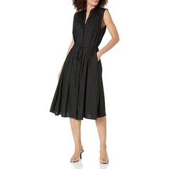 Vince Shirred Band Collar Dress Belted Midi Sz XL Black Resort Vacation Linen