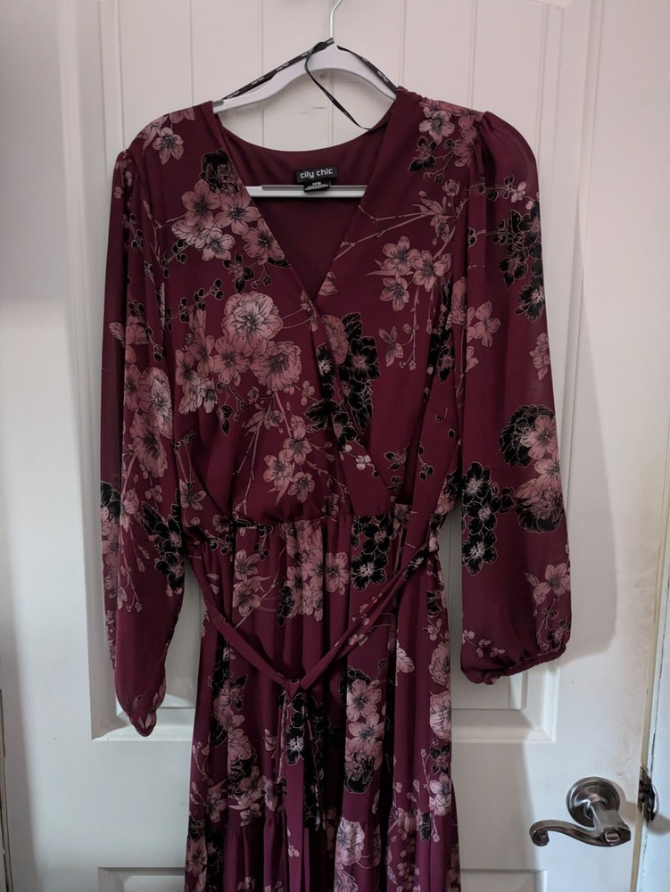 City Chic Ruby Red Floral Long Sleeve Dress Size M 18