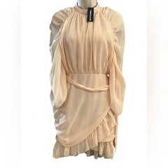 PLT Stone Ruched Statement Sleeve Frill Hem Chiffon Bodycon Mini Dress NWT 2