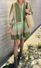 Women 3/4 Sleeve Green Floral Boho Tunic Shirt Dress Summer Casual Short Dress