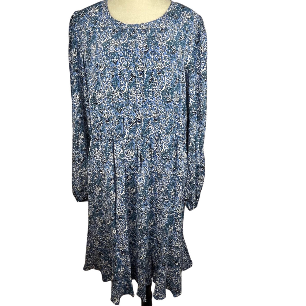 Boden Dress US Sz 16-18R Pleated Bodice Ruffle Bottom Long Slv Blue Paisley