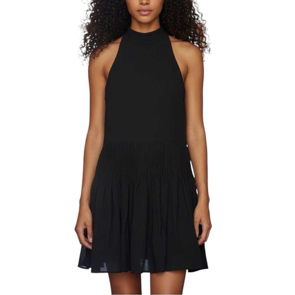 Alice + Olivia Mock Neck Wool Blend Pleated Skirt Black Mini Dress