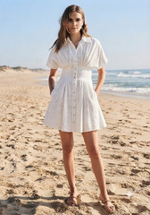 NWT Cal Style Eyelet Button-up Front Cotton Shirt Dress Pockets Lined sz L White