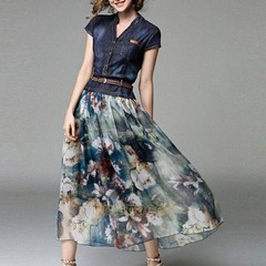 Print Floral Women&rsquo;s Denim A-line Maxi Dress Short Sleeve V-neck Slim Fit Retro