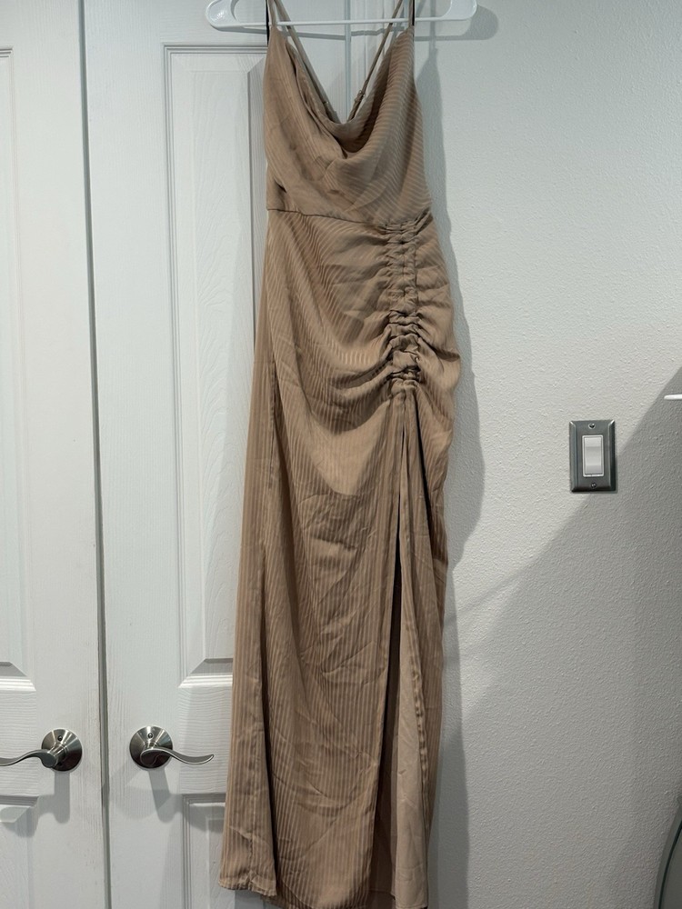 NBD beige solid ruched V-neck spaghetti strap maxi dress adjustable zip XS NWT