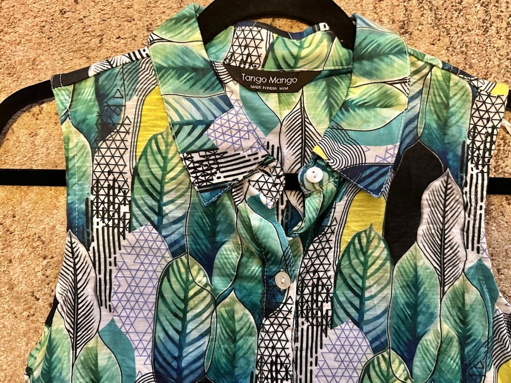 NWT Tango Mango Green/Blue/B&W Leaf Collared Tank Dress, Medium, Pockets