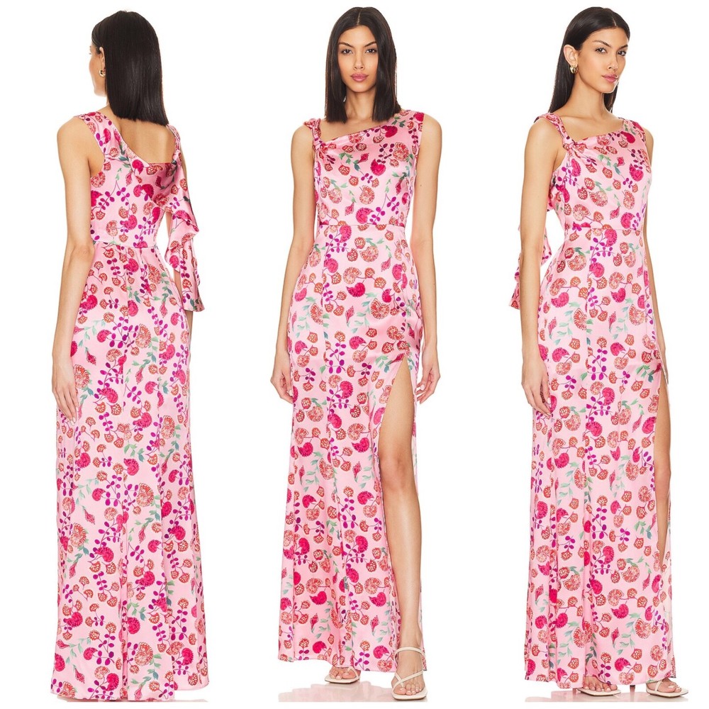 Saloni Leona Printed Silk Asymmetric Neck Maxi Gown Ammonite Rose – Size US 4