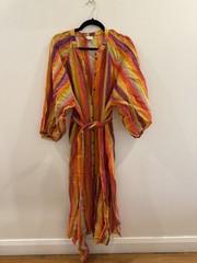 Husk rainbow striped midi shirt dress with ballon sleeves and tie waist size 16