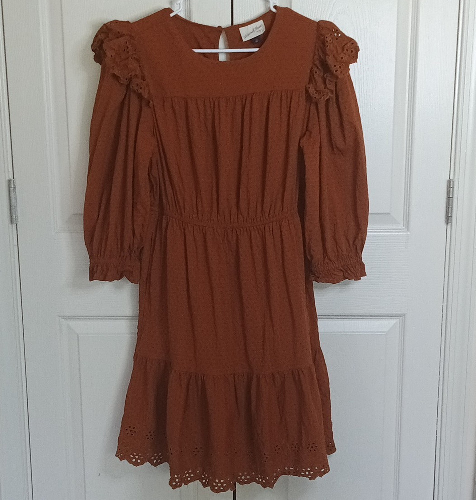 Universal Thread Brown Eyelet Ruffle 3/4 Sleeve Fit & Flare Mini Dress L
