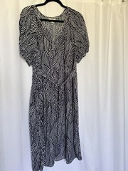 Terra & Sky Navy&White Puff Sleeve V neck A-line Midi Dress with pockets, 0X 14W