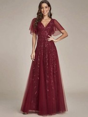 Ever Pretty Burgundy Red V Neck Sequin Floral Fit And Flare Formal Modest Dress