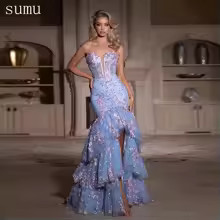 Moonlit Customize Sexy Baby Blue Tiered Ruffles Mermaid with Slit 3D Flowers Eve