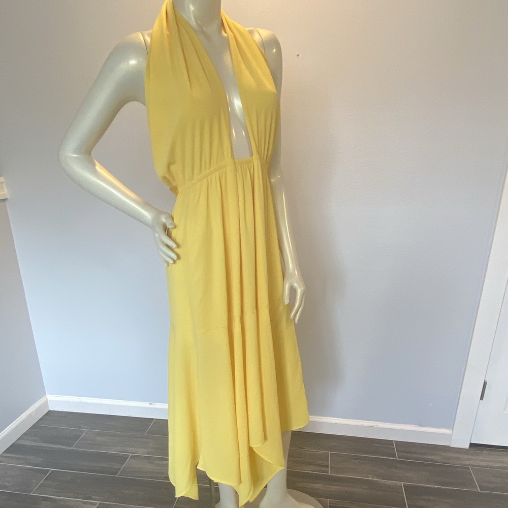 VICI Yellow Halter Backless Open Back Chiffon Midi Dress Pleated XL D-4989