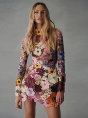 Party Dress Women&rsquo;s O-neck Long-sleeved 3d Flower Lace Applique Dress