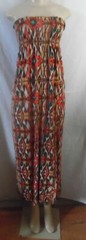 WHITE AQUA ORANGE BROWN GEOMETRIC LONG MAXI DRESS STRAPLESS ELASTIC TOP MEDIUM
