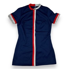 Vintage 60/70s Mod Dress Women’s Navy Blue Red Gray Stripe Polyester Scovill 36”