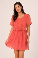 Hot & Delicious Coral Sheer Dress Large Above Knee Lined Ruffle