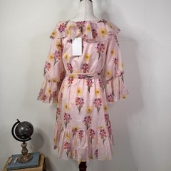 Borgo de Nor Pink Mini Dress Floral Ruffle Cotton Voile Tie Waist Size US 6 NWT