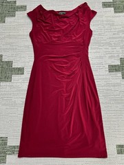 Lauren Ralph Lauren Shift Dress Womens 14 Red Stretch Cowl Neck Pleated Cocktail