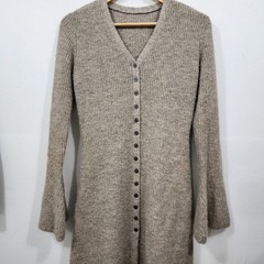 Commense Stacking V-Neck Split Breasted Knit Sweater Dress Beige Bell Sleeve SML