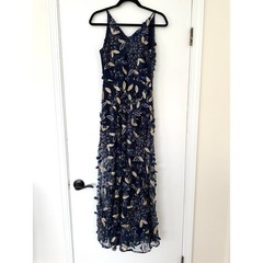 XSCAPE $329 Navy Blue Gold 3D Floral Applique Sequin V-Neck Maxi Evening Gown 4