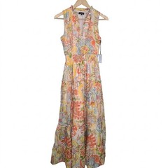 1.STATE Maxi Dress XS Cream Floral Tiered Smocked Waist Sleeveless Boho