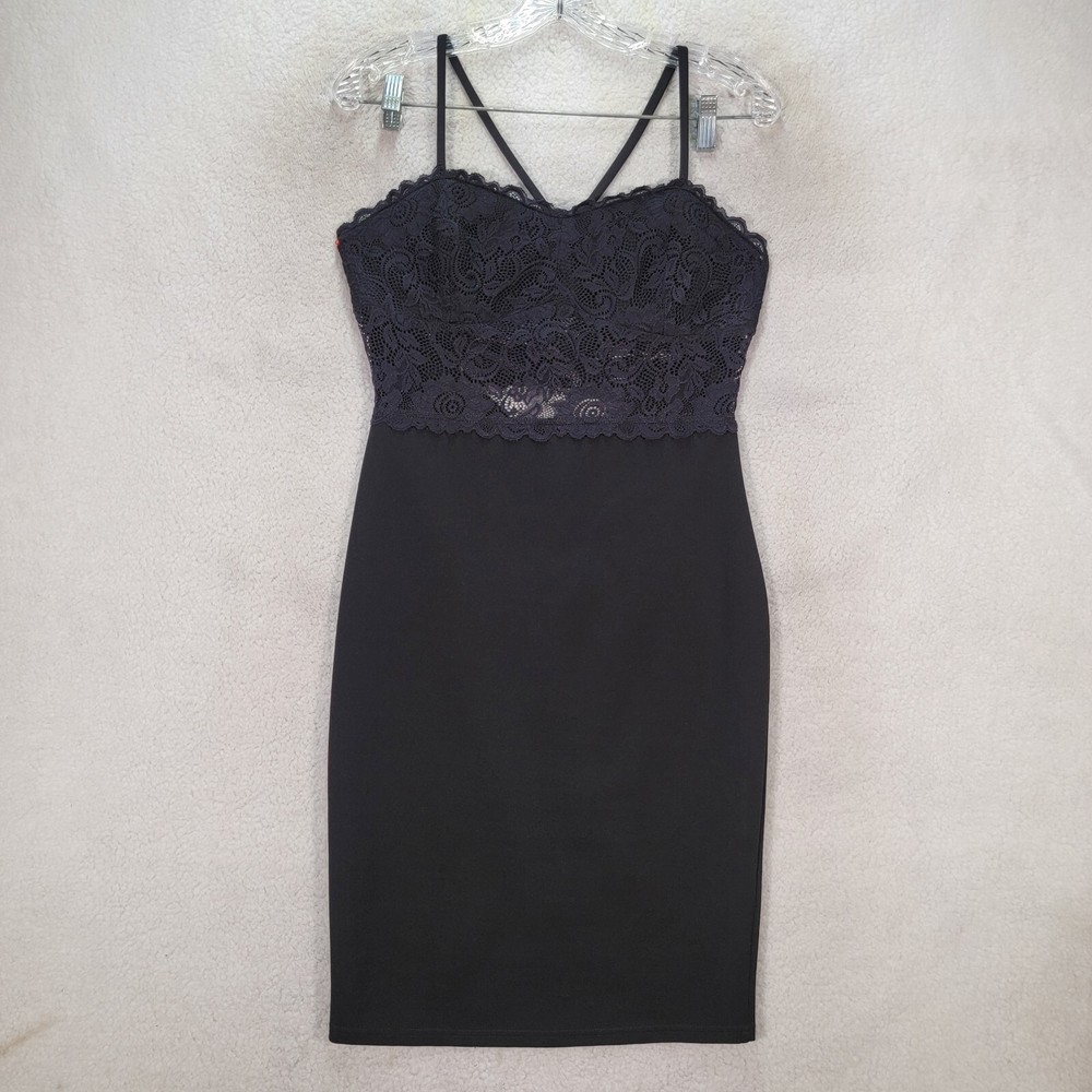 Black Floral Lace Sheer Bustier Cut Out Bodycon Sexy Dressy Womens Dress Size L
