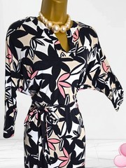 Phase Eight Gwin Leaf Print Dress Size 16 Black Pink Batwing Tie Belt Stretch VG