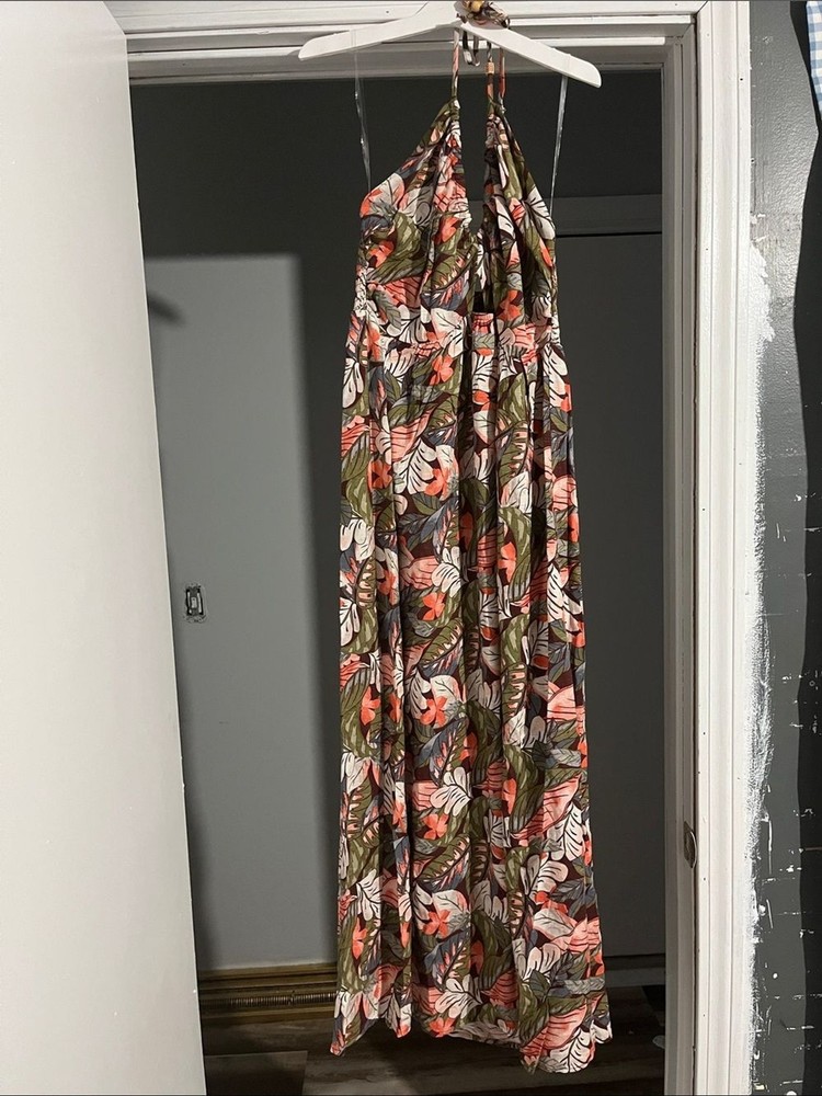 wild fable Tropical Halter Maxi Dress in Olive, Coral & Cream