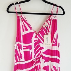 Elan Fuchsia Pink White Sleeveless Maxi Dress MEDIUM Sheer Spaghetti Straps NWT