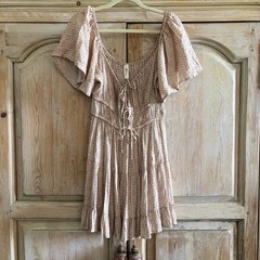 Mahina Beige Floral Cotton Mini Dress Flutter Sleeves Drawstring Size L