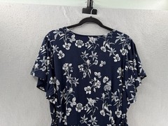 41 Hawthron Dress Womens 2X Navy White Flutter Sleeve Botanical Garden Office