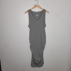 Women Tank Dress Midi 2XL Striped Cream Blue Sleeveless Knit Side Ruched A new