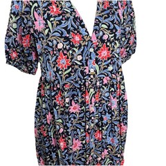 Loft Spring Red Pink Bloom Black Button Front Swing V Neck Dress Size Medium