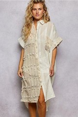 POL Dangle Trim Textured Cotton Oversized Long Shirt Dress – Cream
