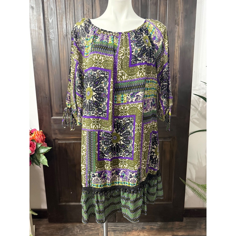 Emma & Michele Boho Patchwork Shift Dress Green Purple Tassel Trim Large NWT