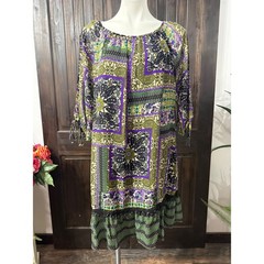 Emma & Michele Boho Patchwork Shift Dress Green Purple Tassel Trim Large NWT