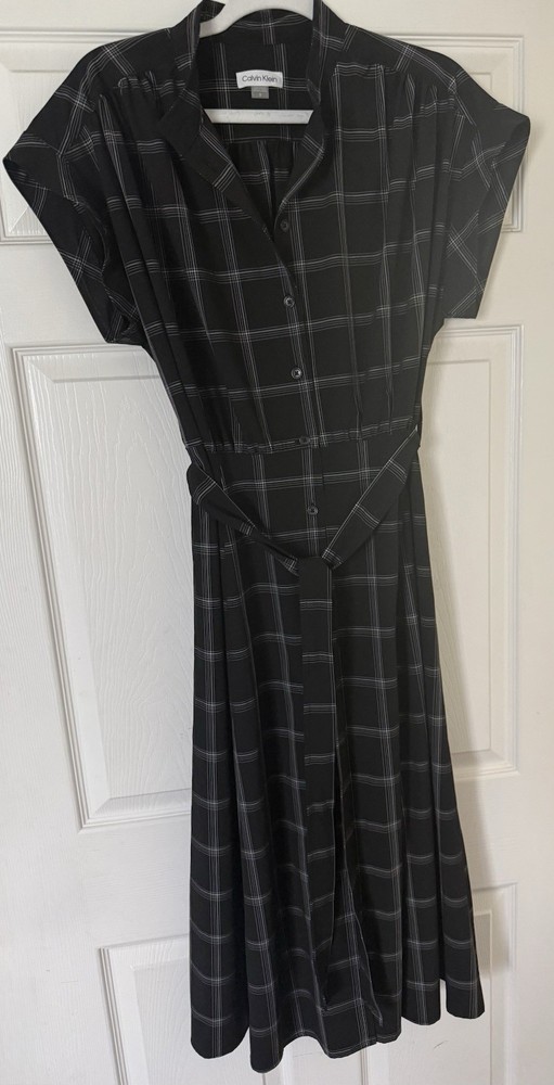Calvin Klein Black & White Windowpane Midi Shirt Dress with Waist Tie 12