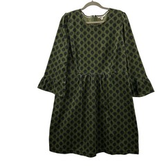 Boden Ora Short Corduroy Dress Womens 16-18R Green Ornate Stamped Ruffled Cuffs